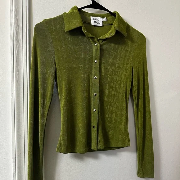 Princess Polly Green Long Sleeve Button-Up Collared Top - Size 2 - Picture 5 of 7